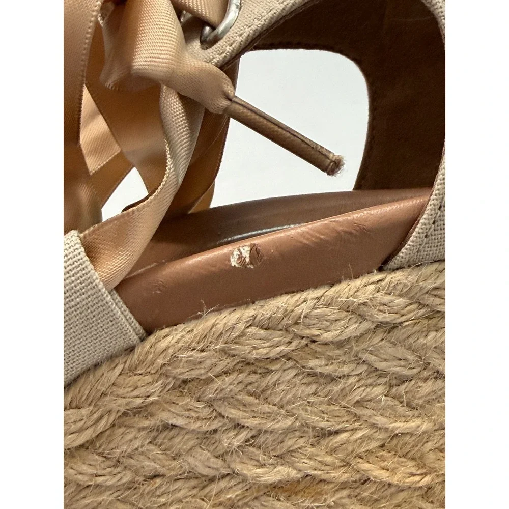 Vionic Kaitlyn Tan Canvas Ribbon Lace Up Espadrille Wedge Sandals Womens 7 Wide